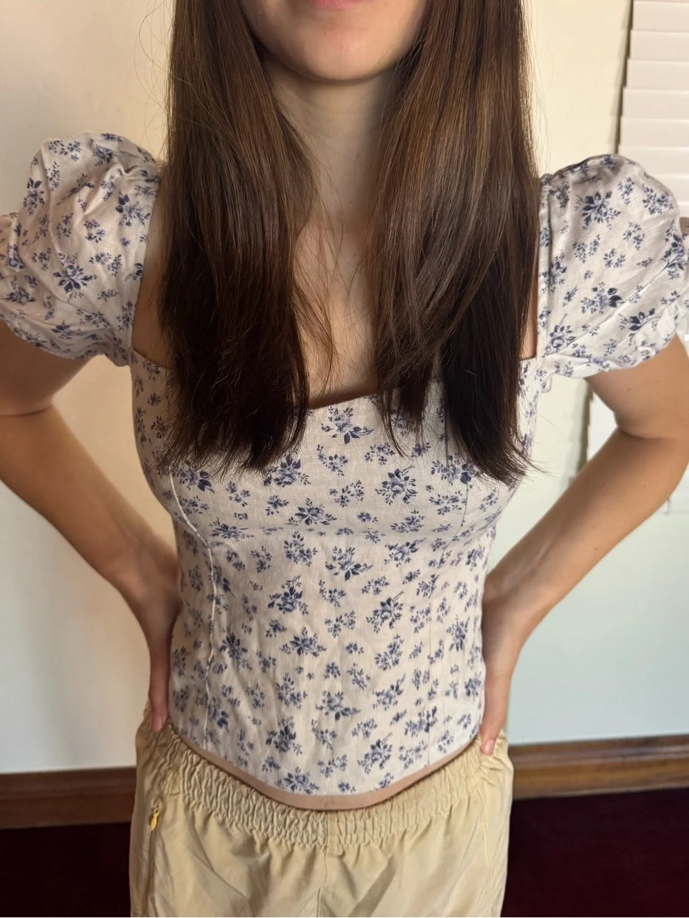 Reformation Cream Top with Blue Floral Print and Puff Sleeves